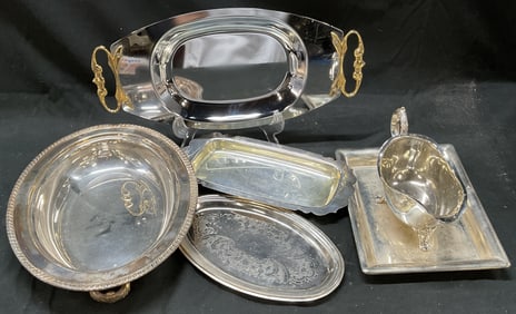 Lot 6 KROMEX Silver Plated Trays Gravy Boat