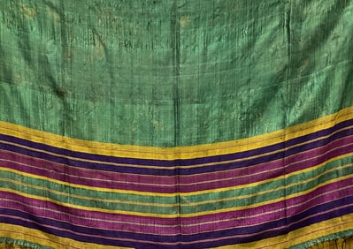 Vtg Green Fringed Silk Shawl Scarf