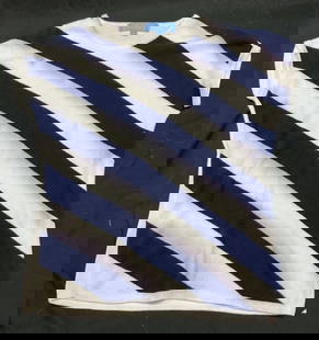 J. McLaughlin Cotton Rayon White Blue Striped Top: J. McLaughlin cotton rayon blend white blue striped t-shirt. Diagonal dark blue and white stripe pattern. Size M. Cotton rayon spandex blend. Some discoloration, blue color fading into white observed.
