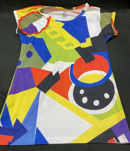 The MET Colorful Geometric Polyester Shirt USA: The Metropolitan Museum of Art colorful geometric polyester t-shirt. Abstract geometric pattern. Polyester spandex blend. Made in USA. Size L. Some surface wear consistent with exposure. The MET, The