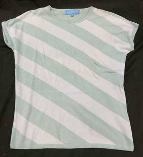J. McLaughlin Cotton Rayon Light Blue Striped Top: J. McLaughlin cotton rayon blend white blue striped t-shirt. Diagonal light blue and light teal stripe pattern. Size S. Cotton rayon spandex blend. Some discoloration, staining observed. J. McLaughlin