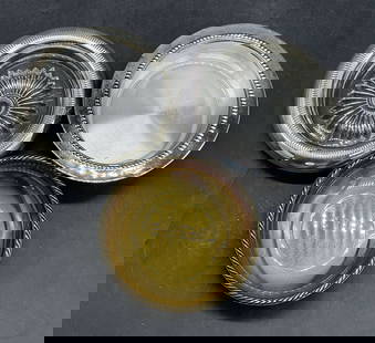 3 Vintage Silver Plate & Gold Tn Metal Coasters: Three Vintage Silver Plate & Gold Tone Metal Coasters / Trinket Dishes. One piece features cut glass, EVANS coaster features an engraving to the obverse which reads CRON MAY 1 1965, and lastly a WS BL