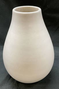 Vtg White Ceramic Minimalist Bulb Shaped Vase: Vintage white ceramic minimalist bulb shaped vase. Matte finish. 9 x 5.5 inches. Some surface wear consistent with exposure, some staining observed on inside. Vintage vase, vase, white vase, ceramic v