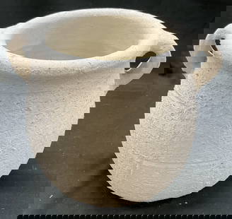 Vtg White Textured Pottery Planter with Handles: Vintage white textured pottery planter with handles. Rustic Weathered planter. 7 x 9 inches. Some wear consistent with exposure. Pottery, pottery planter, pottery jar, white jar, white planter, textur