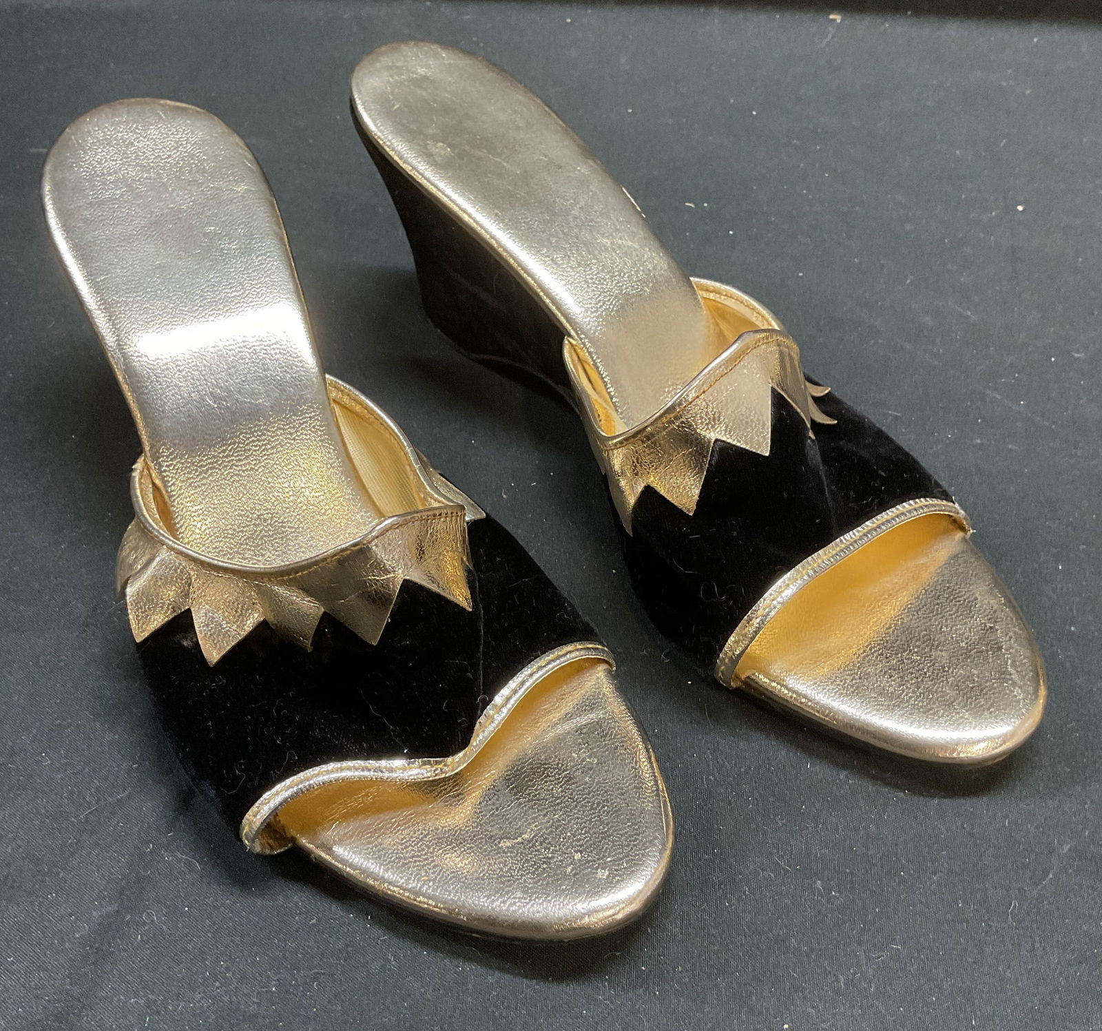 Gold Tone Black Velvet Wedge Sandals (1 of 6)