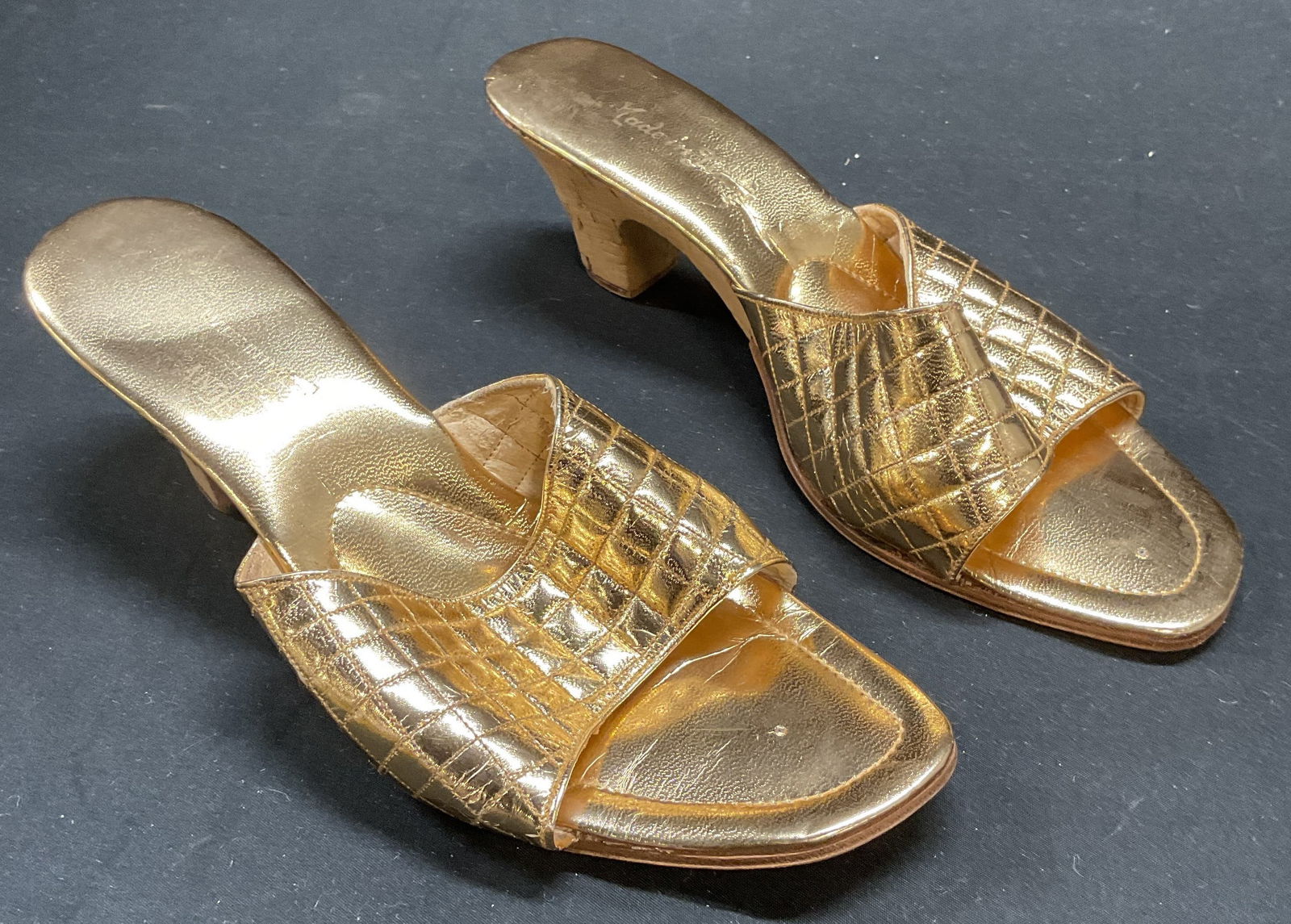 Gold Tone Cork Heel Sandals, Italy (1 of 6)