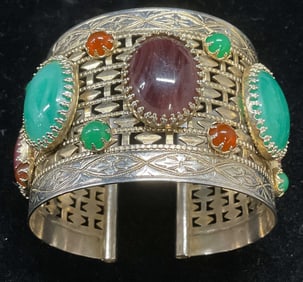 Vintage Silver Tn Faux Cabochon Cuff Bracelet