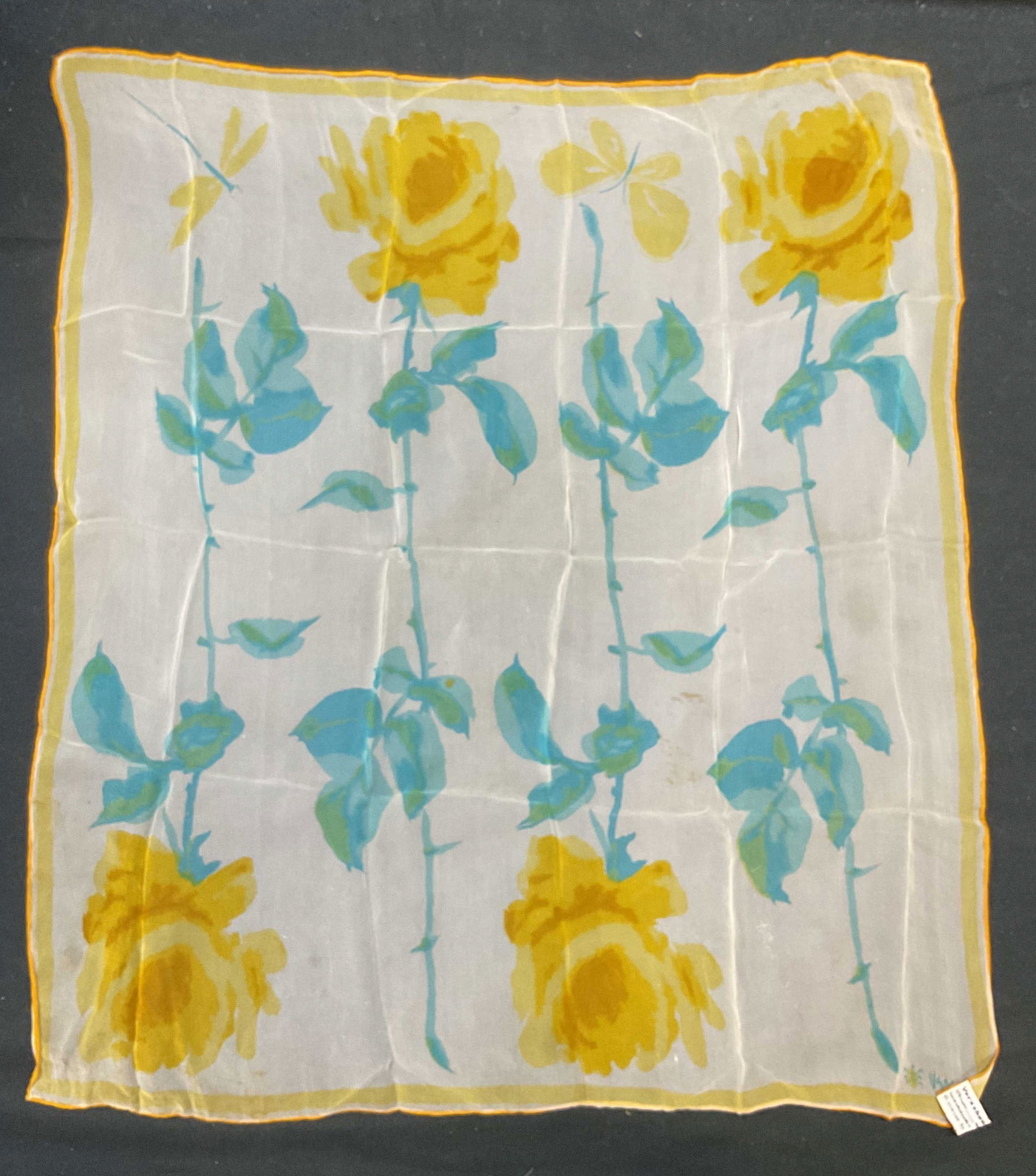 Vintage Vera Yellow Blue Sheer Silk Floral Scarf: Vintage Vera silk blend scarf in white, yellow and blue with floral design. Measures approx 23 x 20 inches. Pulling and blemishes observed. Vera scarf, designer scarf, silk scarf, floral scarf, yellow