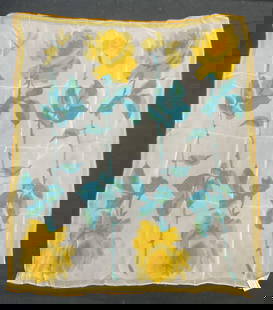 Vintage Vera Yellow Blue Sheer Silk Floral Scarf: Vintage Vera silk blend scarf in white, yellow and blue with floral design. Measures approx 23 x 20 inches. Pulling and blemishes observed. Vera scarf, designer scarf, silk scarf, floral scarf, yellow