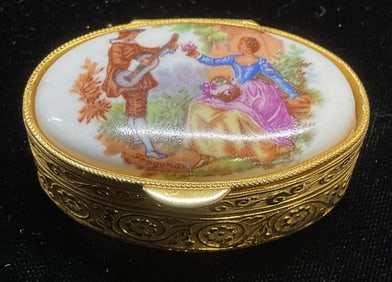 Vintage Gold Tone Serenading Couple Trinket Box