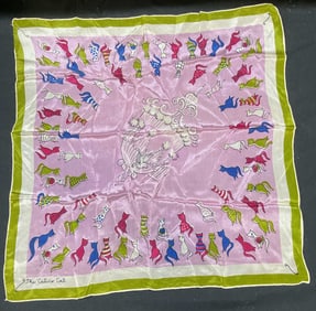 Vtg Simone The Calico Cat  & Bird Silk Scarf