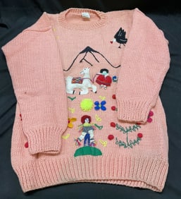 Vtg Pink Knitted Cotton Embroidered Sweater Peru