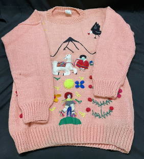 Vtg Pink Knitted Cotton Embroidered Sweater Peru: Vintage pink knitted cotton embroidered sweater. Ribbed ends. Embroidered mountain scene. Plants, animals, figures. 100% cotton. Made in Peru. 17.5 inches across chest. 26 inches long. Some staining,
