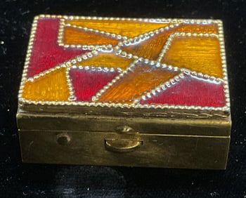 Vtg Gold Tone Red Orange Lacquered Pill Box