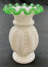 Vtg Fenton Green Emerald Crest Beaded Melon Vase