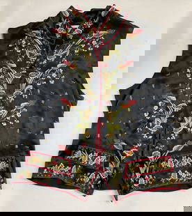 Vtg Shanghai Museum Silk Black Floral Vest: Vintage Shanghai Museum silk black floral vest. Front button down vest. Embroidered floral designs. Fully lined. Backside ribbon included. 100% silk. Size L. Some surface wear consistent with exposure