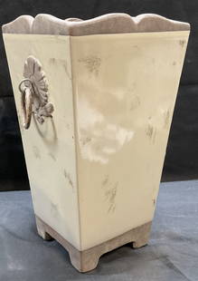 Vintage Ceramic Planter Vessel: Vintage ceramic planter vessel grey glaze with unglazed accents and floral design. Measures approx 6.5 x 6.5 x 11.5 inches. Some wear including hairline crack and marks. Planter, ceramic planter, vint