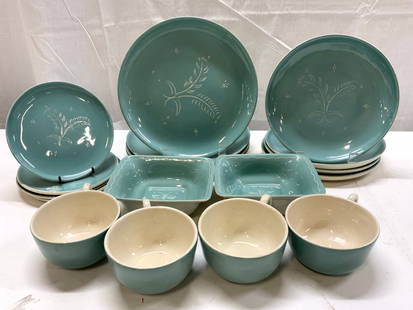 18 KENNETH CERAMICS & Wheeler Ware Conn Tableware: Group Lot KENNETH CERAMICS & Wheeler Ware Conn Tableware4 dinner plates, 4 salad plates, 4 small plates, 4 cups, and 2 square bowls. Each piece has a light blue background with a white floral design.