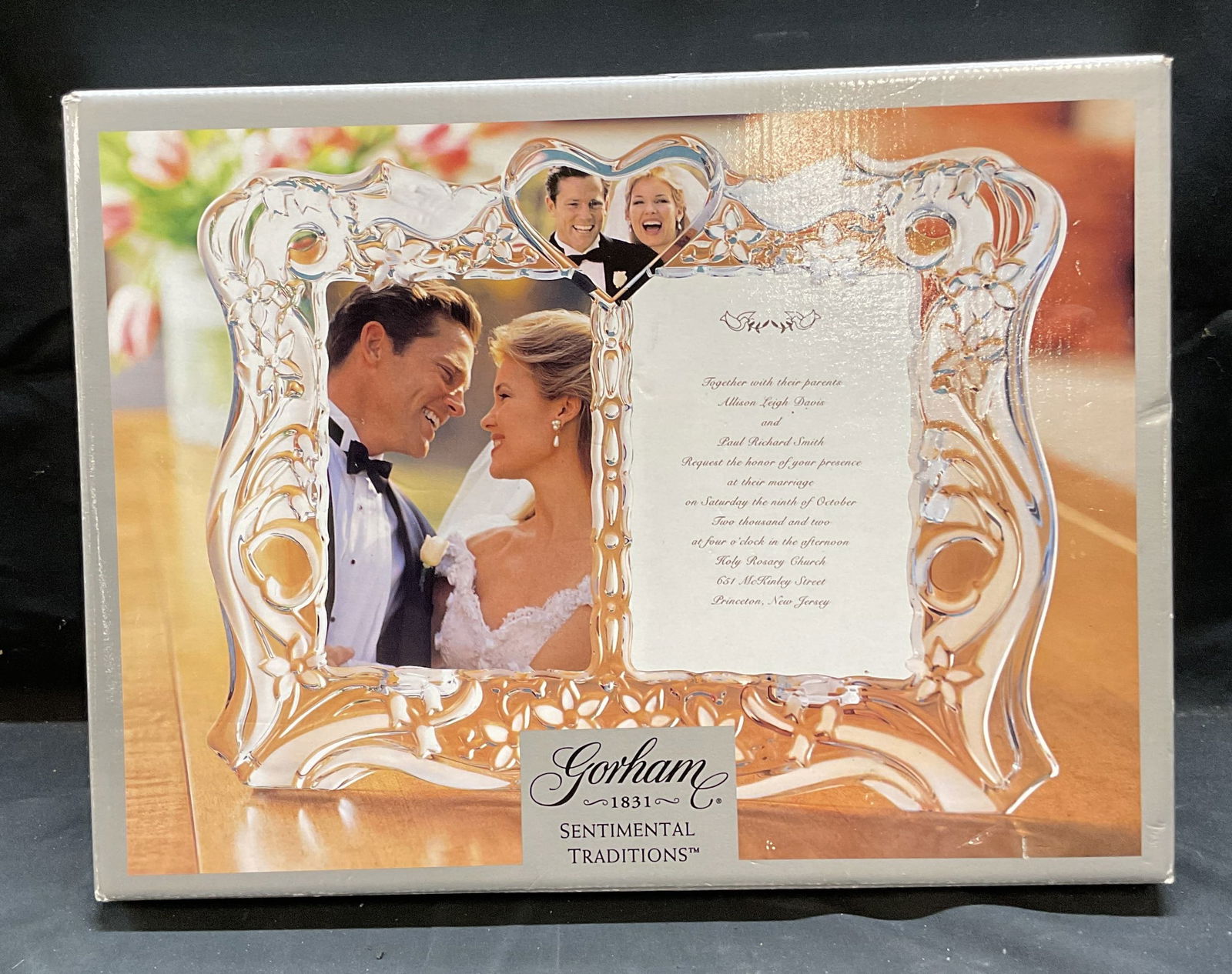 GORHAM German Crystal Sntmntl Traditions Frame NIB: GORHAM crystal Sentimental Traditions invitation frame. Hold two 5 x 7 inches wide images. Made in Germany. New in box. Not examined out of box. Box measures approx 15.5 x 11.5 x 1.5 inches. Some wear