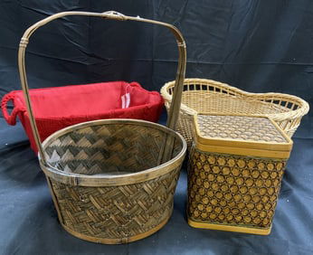 Lot 4 Assorted Woven Baskets & Box