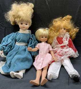 Lot 3 Vintage 1997 Betsy McCall Porcelain Dolls: Lot 3 Vintage 1997 Betsy McCall Porcelain Dolls 3 vintage dolls, 2 of them are porcelain. Each doll is wearing different clothing attire. Including one doll wearing a blue dress, a pink striped dress