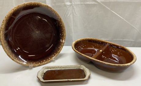 Lot 3 H.P. Ceramic Brown Bowl, Plate & Butter Dish