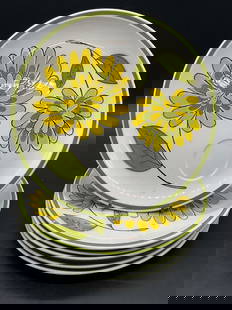 6 JAMES ROBERTS Signed Cera Stone Floral Plates: Set of 6 JAMES ROBERTS Signed Cera Stone Floral Plates. Features green and yellow florals. Areas to the obverse designated for placing cups. Measures approx. 9.25L x 9.25W in. Undersides signed BY JAM