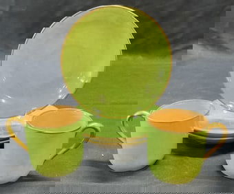Set 5 Gilt Green Porcelain Demitasse & Saucers