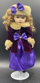 Vintage Purple Dress Porcelain Doll W/ Metal Stand