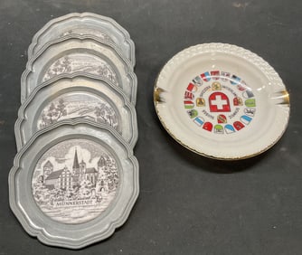 Lot 5 Sgn Pewter Coasters & Porc Swiss Ashtray