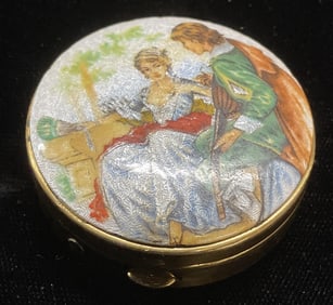 Vtg Schildkraut Gold Tone Enamel Couple Pill Box