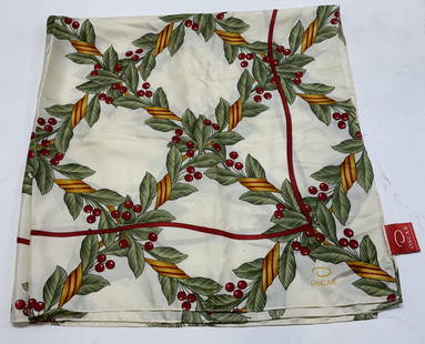 OSCAR De La Renta Red Berries Silk Scarf: OSCAR De La Renta Red Berries Silk Scarf Scarf features a pattern of red berries with green & gold/red leaves on a vine. Scarf reads OSCAR & 100% Silk. Signed & marked. Surface wear consistent to age,
