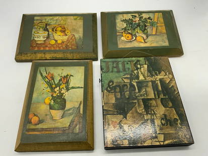 4 Wooden Decorative Wall Plaques: 4 Wooden Decorative Wall Plaques 4 rectangular small wooden wall decor/plaques. Specifically a still life painting of flowers & fruit by Paul Cezanne. Surface wear consistent to age, use & exposure. M