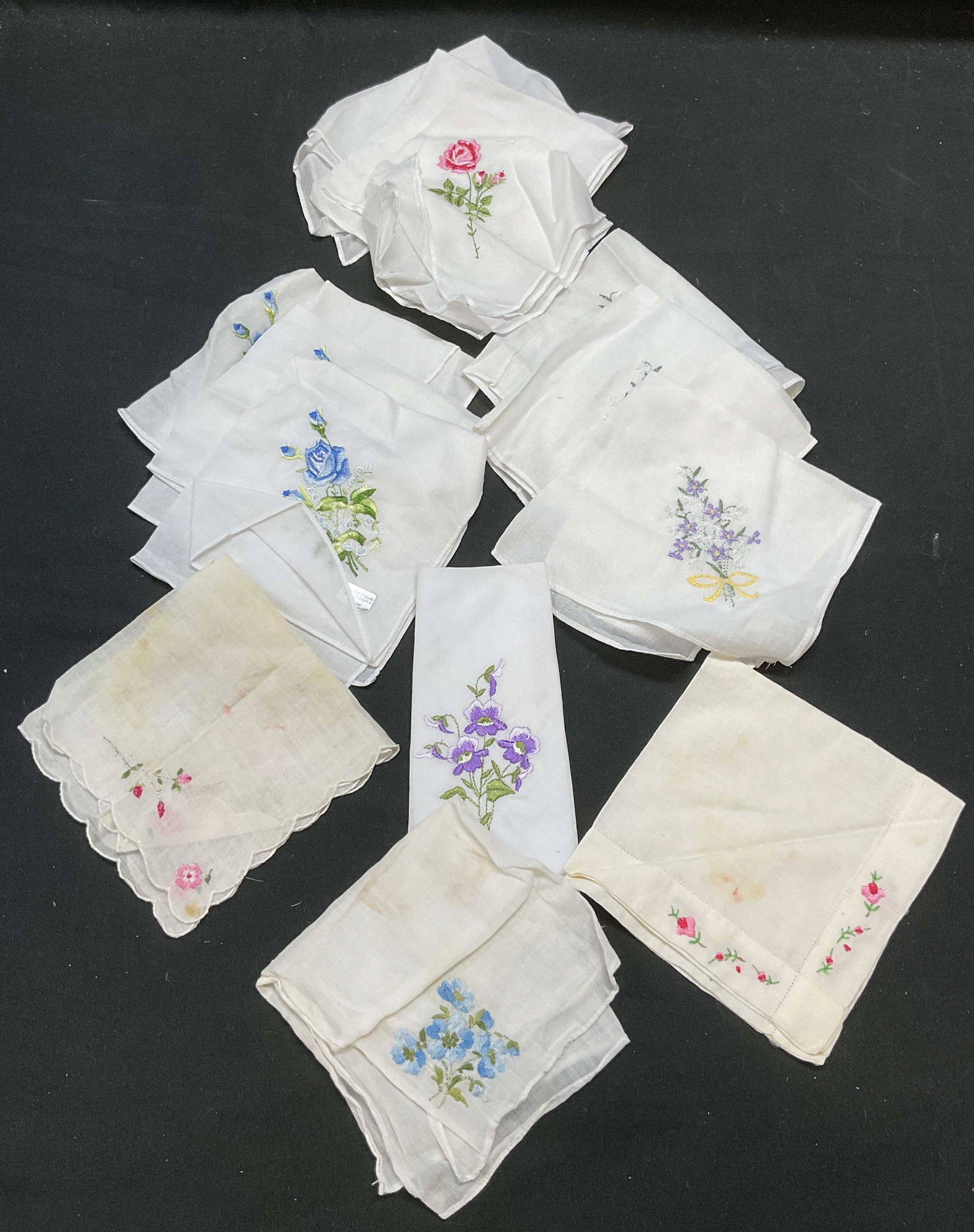 Group Lot 13 Collectible Vtg Floral Hankies: Group lot of 13 vintage handkerchiefs. White with embroidered floral designs. Cotton. Sizes vary, most approx 10.5 x 10.5 inches. All have some wear including blemishes. Handkerchief, vintage handkerc
