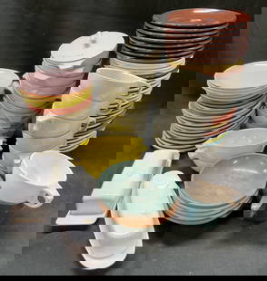 Lot 77 PROLON Watertown Lifetime Ware Dishware USA: Lot 77 PROLON Watertown lifetime ware dishware. Lot includes 2 butter dishes, 8 cups, 11 sugar bowls with 1 lid, 33 saucers, 18 dessert plates, 5 bowls. Solid grey, yellow, pink, brown, green, white d
