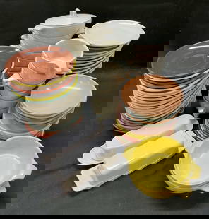 Lot 77 PROLON Watertown Lifetime Ware Dishware USA: Lot 77 PROLON Watertown lifetime ware dishware. Lot includes 2 butter dishes, 8 cups, 11 sugar bowls with 1 lid, 33 saucers, 18 dessert plates, 5 bowls. Solid grey, yellow, pink, brown, green, white d