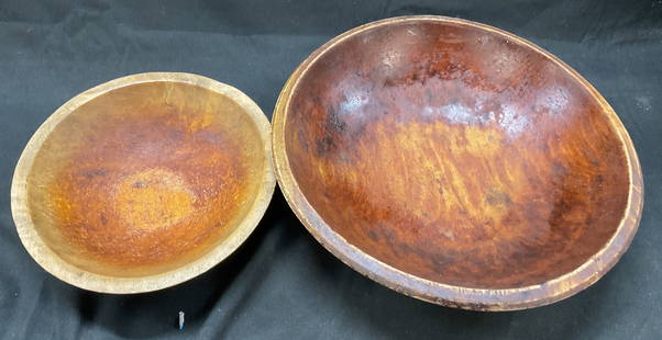 Set 2 Vtg 19th Century Wooden Dough Bowls: Set vintage 19th century wooden dough bowls. Oval shaped. Large bowl measures 12.5 x 12 x 5 inches. Some residue, surface scratching observed. Dough bowls, bowls, wooden bowls, large bowls, tableware,