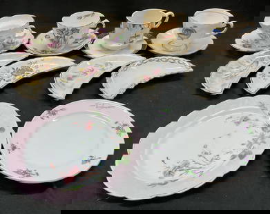 14 Dishes Bridgwood&Son England, BauscherGermany+: Lot includes 4 cups, 4 saucers, 2 dessert plates, 4 candy trays. Hallmarks include bauscher Weiden Bavaria Germany, Bridgwood & son porcelain opaque, and more. Floral pattern designs. Dresser plate me