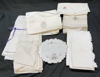 Group lot 15 pieces assorted table linens: Group lot of 15 pieces assorted table linens. Napkins and cup mat. Various sizes in cream color. Embroidered and lace details. Floral themes. Largest napkin measures approx 21 inches. Cotton and synth