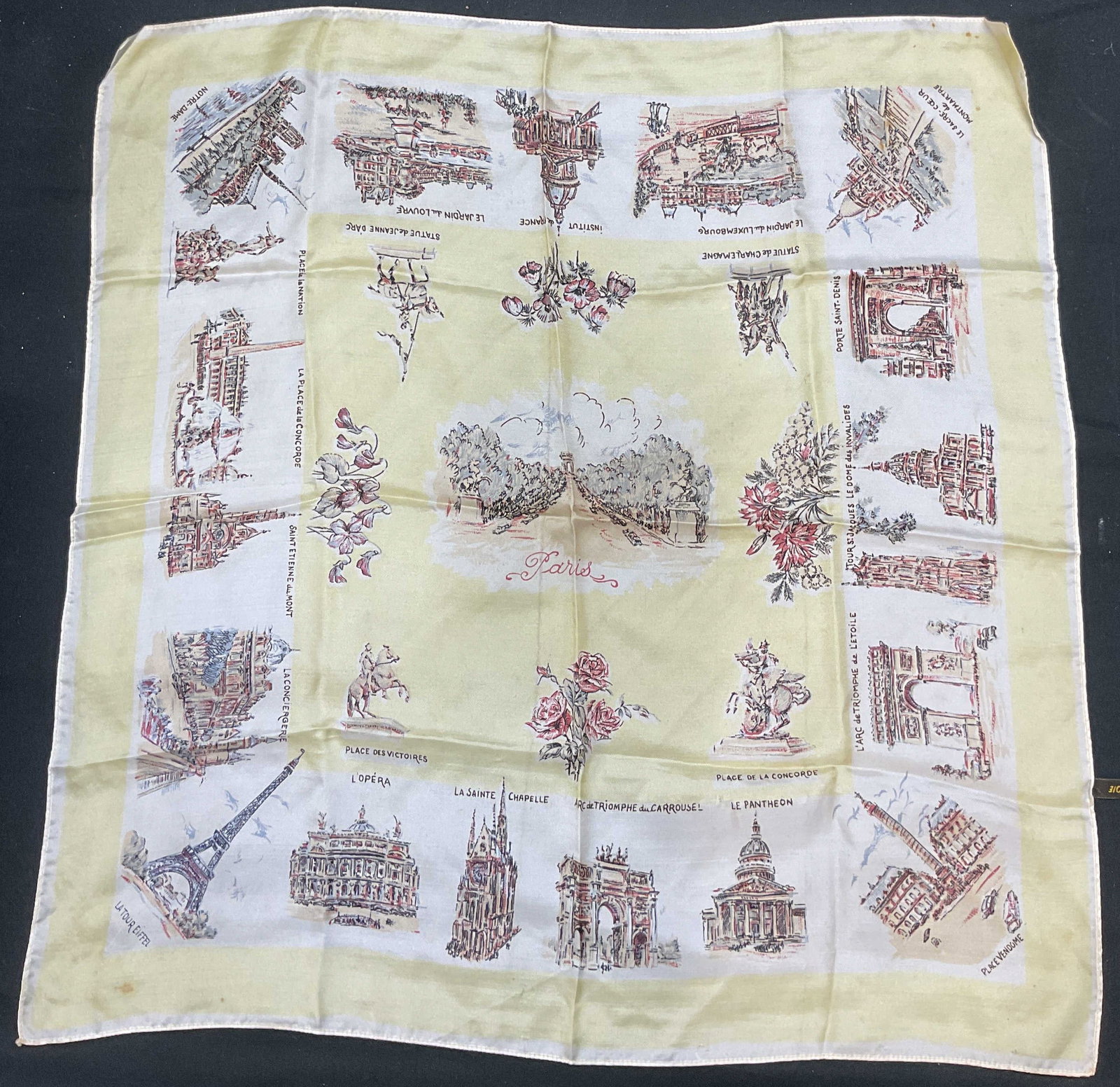 Vintage Paris Landmarks Souvenir Silk Scarf: Vintage Paris landmarks souvenir silk scarf in yellow. Measures approx 22 x 22 inches. Some blemishes and general wear to material. Silk scarf, vintage scarf, scarf, souvenir scarf, Paris scarf, Franc