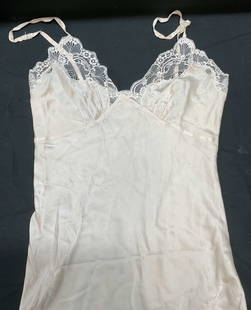 Patricia Fieldwalker Pink Lace Trim Slip Dress: Patricia Fieldwalker pink lace trim slip dress. Material feels synthetic. Measures approx 16 inches across chest. Wear including repair to side seam and at lower edges, tears, and blemishes. Patricia