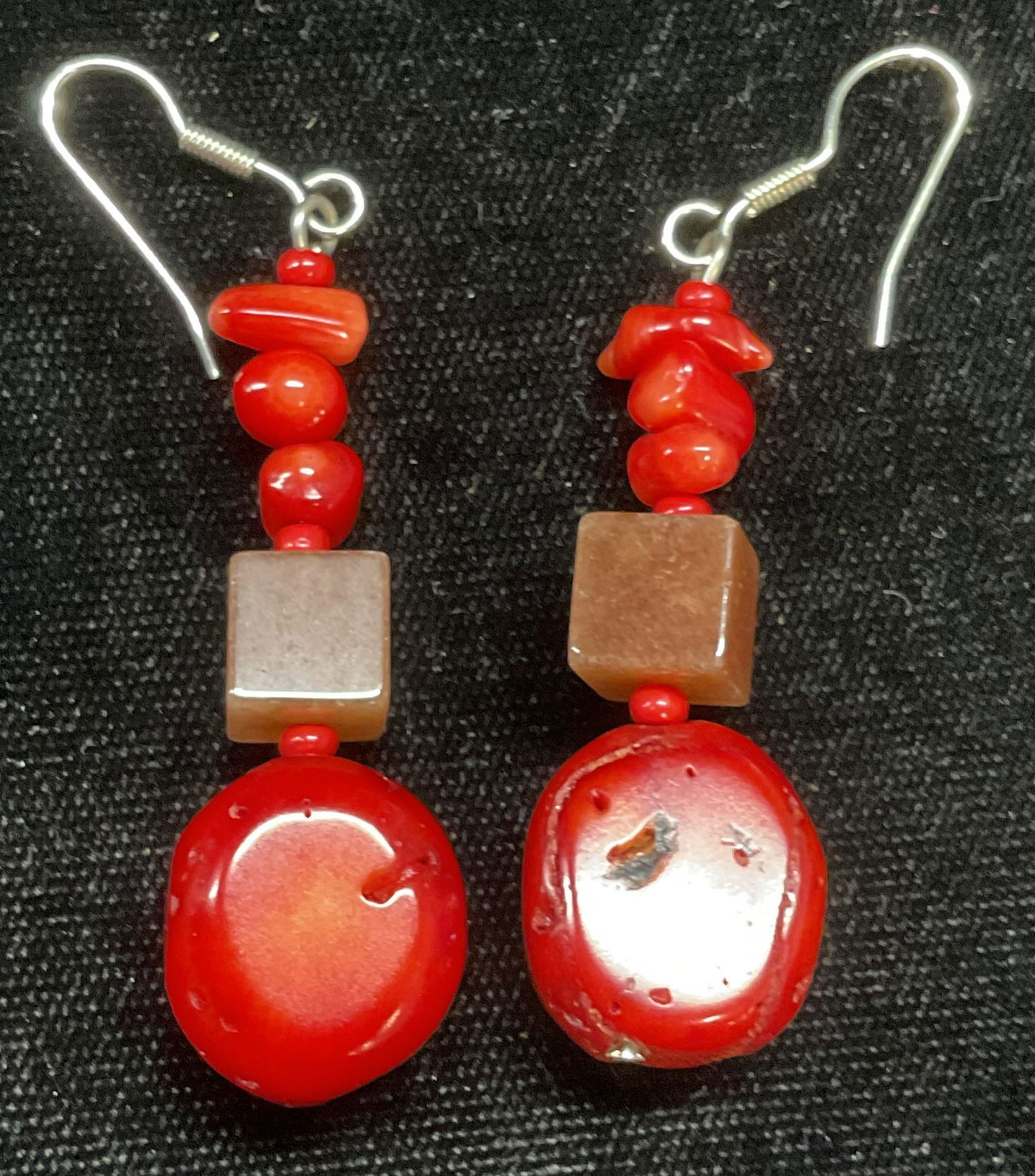 Vintage Red Coral Semiprecious Beaded Earrings: Vintage red coral and semiprecious stone beaded earrings. Measure approx 1.75 inches long. Some wear including scratching observed. Jewelry, fine jewelry, estate jewelry, cocktail jewelry, fashion jew