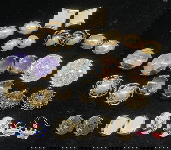 Group 15 Trifari, Napier, Monet + Earrings: Group lot of 15 pairs assorted vintage earrings. Silver tone, gold tone, enamel, cloisonne, crystal, and faux pearl. Some pieces signed, labels include Napier, Marvella, Monet, and Trifari. Sizes vary