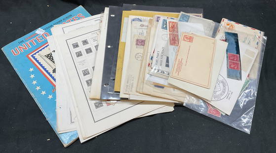 Lot 20+ Vtg 1940s-60s US Envelopes Stamps: Lot 20+ Vintage 1950-60s US Envelopes and stamps. 20+ black & white, colored printed Envelopes and stamps. Stamps included on each envelope. Includes stamp album. Envelopes feature images of museums,