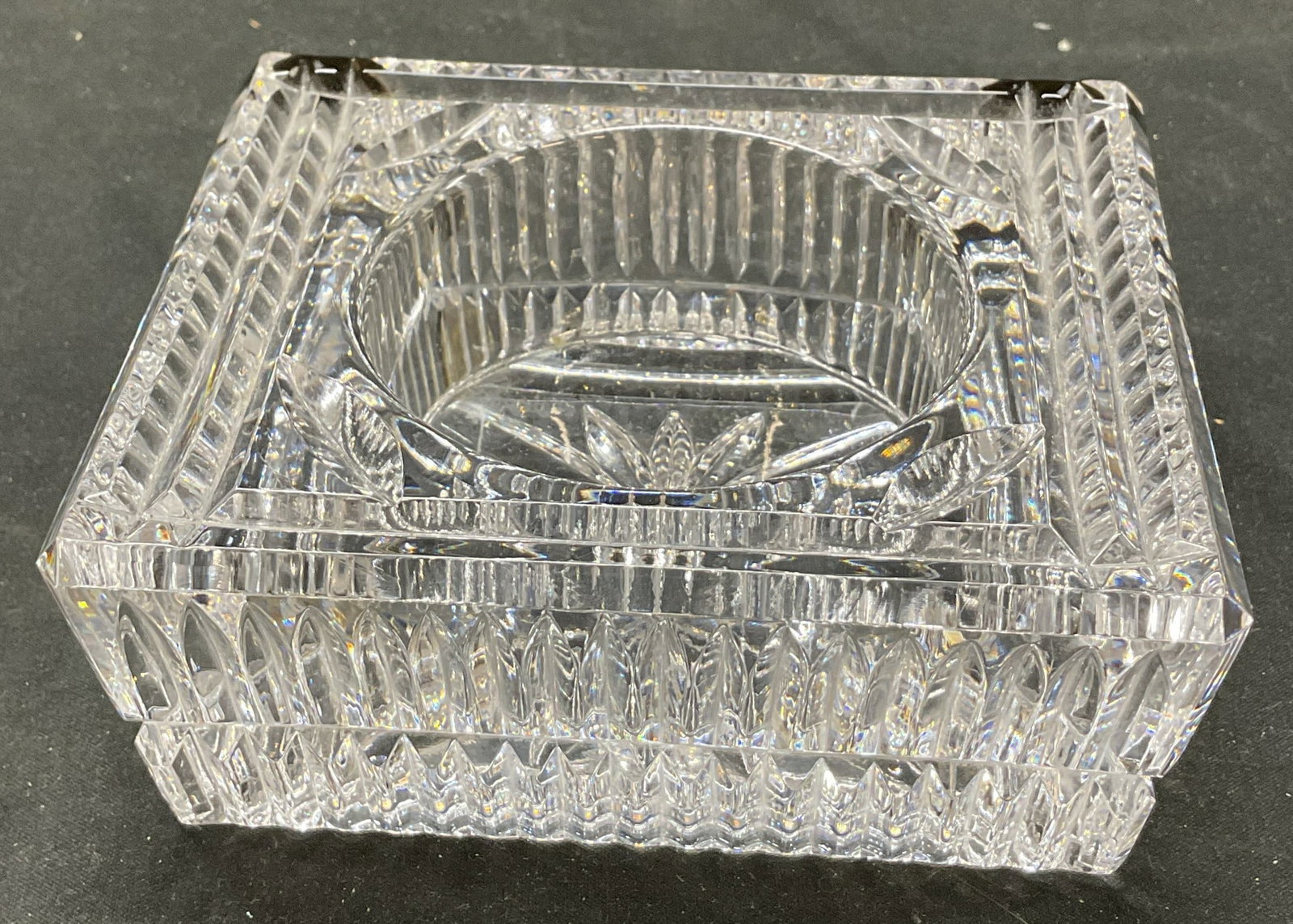 Vtg Waterford Crystal Square Candle Holder: Vintage Waterford Crystal square candle holder. Crystal rectangle shaped tapered candle holder. Cut glass crystal. Signed on underside. 4.5 x 4 x 2 inches. Some surface wear consistent with exposure. 