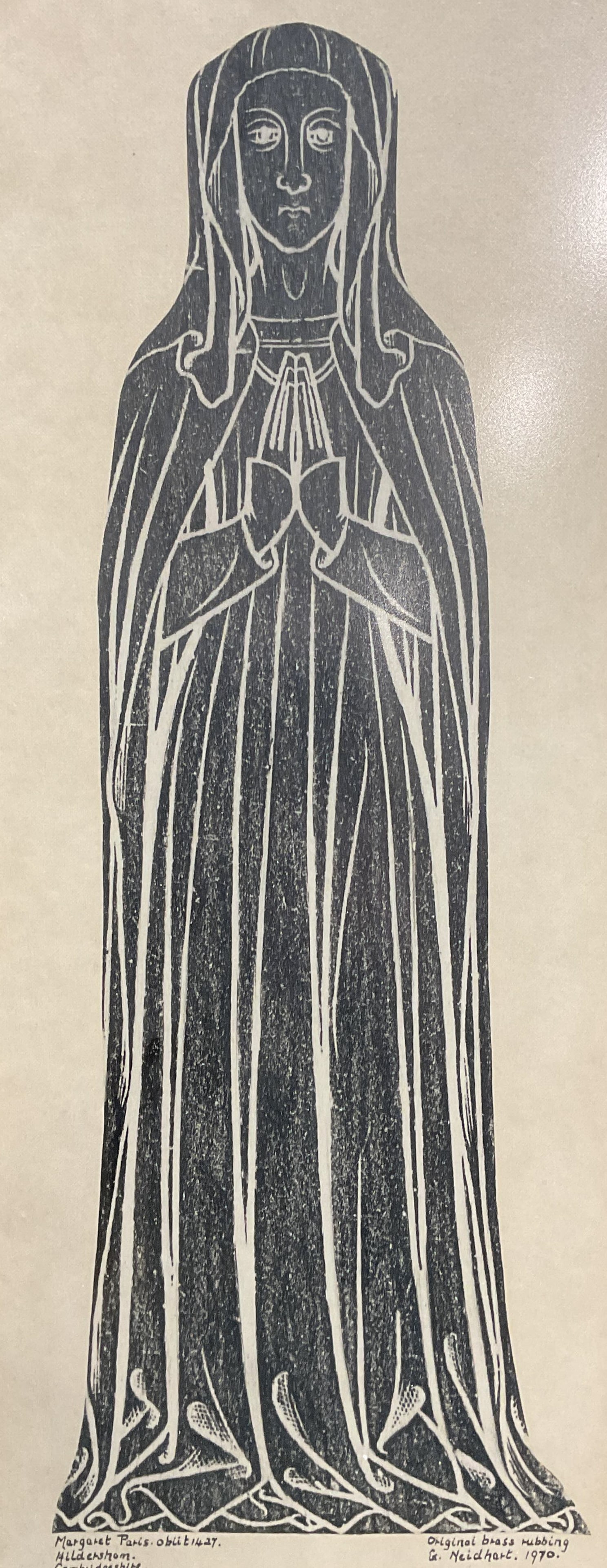 Signed Framed Margaret Paris Brass Rubbing 1970: Framed original brass rubbing of Margaret Paris. Signed G Neidhart, 1970. Gilt and black wood frame. Not examined out of frame. Frame measures approx 23.75 x 9.75 inches. Some wear consistent with exp