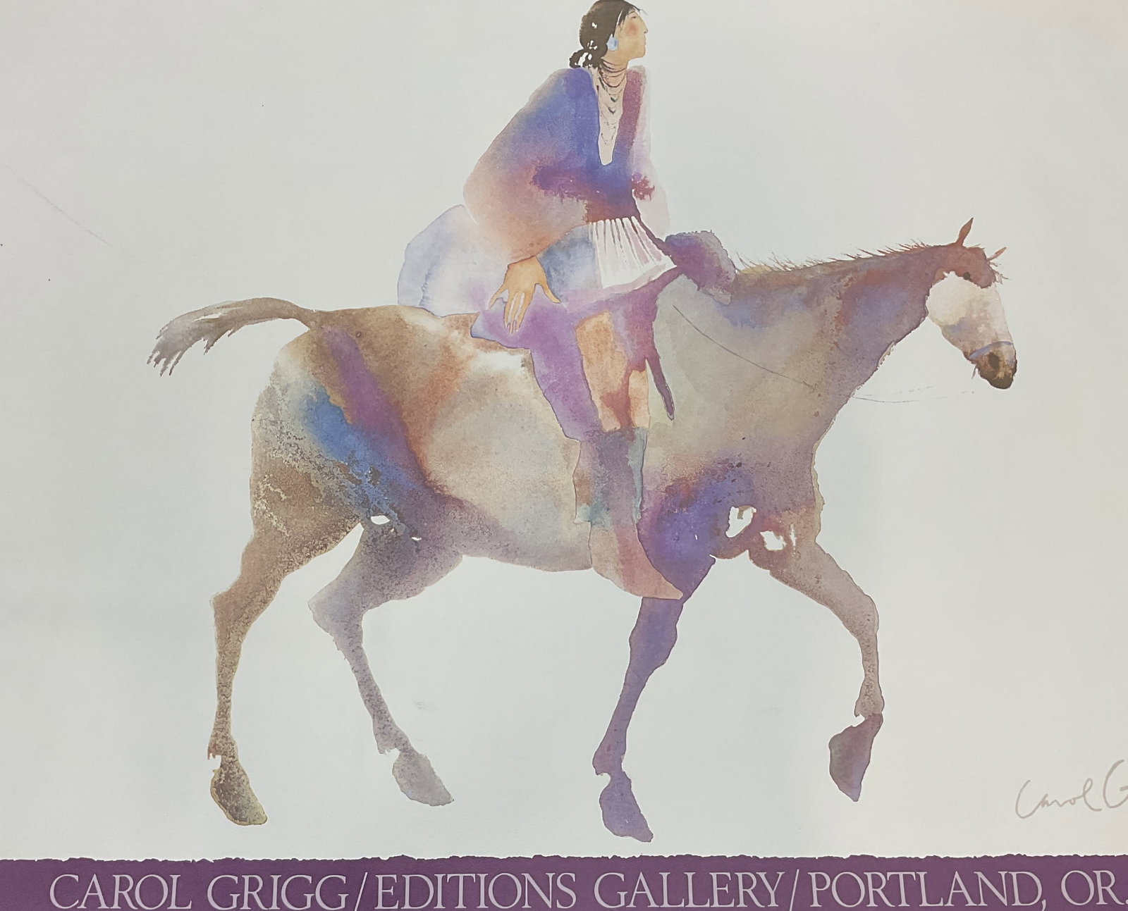 Carol Grigg Edtns Gallery Earth Healer Poster 1985: Carol Grigg Editions Gallery poster. Earth Healer, published 1985. Woman riding a horse. Measures approx 24 x 33 inches. Some wear including bending and marks observed. Art, poster, art poster, galler