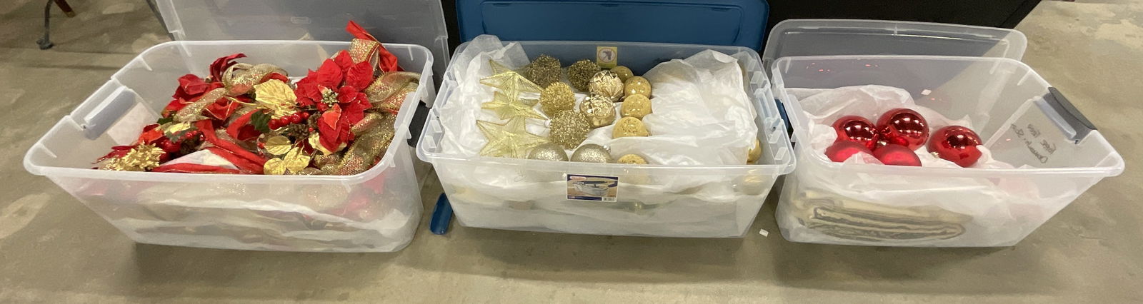 Group Lot 40+ Christmas Holiday Ornament Decor: A group lot of Christmas / Holiday ornament and ribbon decor. Crafted from glass, plastic, glitter, fabric, and other materials. Silver, red, and gold tone hues to the pieces. Discoloration, surface w