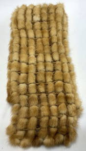 Knitted Light Brown Mink Fur Scarf: Knitted Light Brown Mink Fur Scarf Scarf features a knit muffler style with a window pane design. It has a soft & plush texture. Surface wear consistent to age, use & exposure. Measurements: length 69