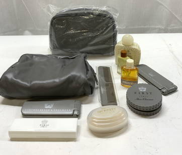 2 BRITISH AIRWAYS Grey Toiletry Travel Bag Kits: 2 BRITISH AIRWAYS Grey Toiletry Travel Bag Kits Lot includes 2 grey travel bags with accessories. Accessories include clothes brush, shoe cleaner, soap, body lotion & Christian Dior perfume. Signed &